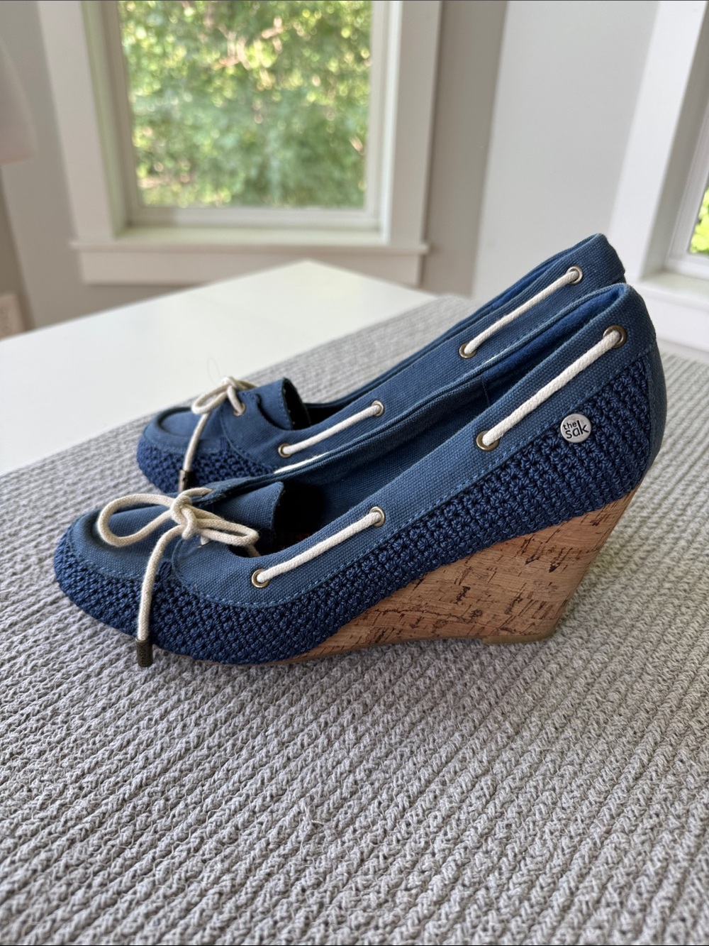 The Sak Navy Canvas Wedge Boat Shoes with Rope Laces